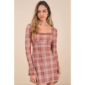 Lulus Especially Adored Light Brown Plaid Long Sleeve Mini Dress - Size XL